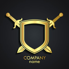 3d crossed gold swords with shield golden logo