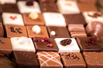 Assortment of fine chocolate candies, white, dark and milk chocolate