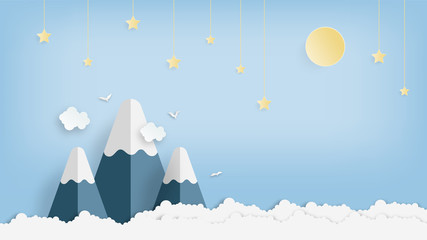 illustration of landscape and concept, Star, moon  and Mountain paper art with beautiful background vector illustration. Vector illustration. design by paper art and digital craft style