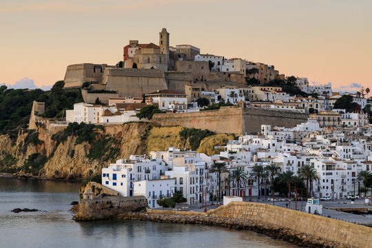 Ramparts, walls, cathedral, Dalt Vila, at sunrise, Ibiza Town, Eivissa, Balearic Islands, Spain, Mediterranean