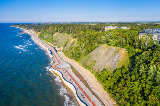 Aerial by drone of the coastline of Svetlogorsk, Kaliningrad, Russia