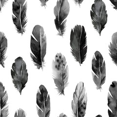 black and white different feathers, seamless pattern, monochrome watercolor illustration