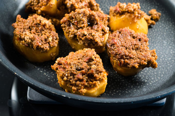 Turkish Food Baked Potato Casserole with Minced Meat in Pan  Patates Oturtma.