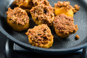 Turkish Food Baked Potato Casserole with Minced Meat in Pan  Patates Oturtma.