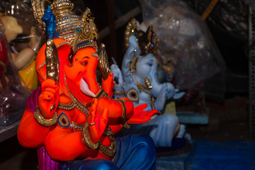Hindu god Ganesha idol preparation for the festival of Ganapati in India