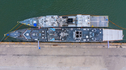 Military navy ship in the port, Aerial view warship.