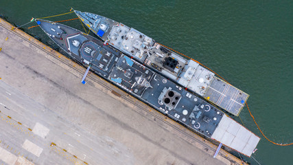 Military navy ship in the port, Aerial view warship.