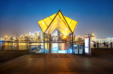 At night, glowing glass buildings and beautiful city skyline, Chongqing, China