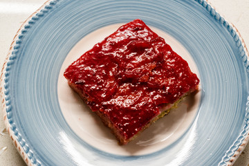 Trilece Cake Dessert with Red Plum Puree Jam / Marmalade.