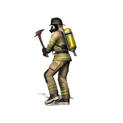 Fire fighter breaks door with axe - isolated on white background - 3D illustration