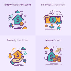 Obraz premium Business and Finance Flat Colorful Icon Set / Empty property discount / Financial management / Property Investment / Money growth