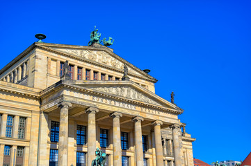 The Gendarmenmarkt square in Berlin, Germany which houses the Berlin Concert Hall (Konzerthaus) and the French and German Churches.