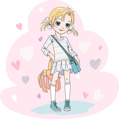 Vector baby girl with bag and toy
