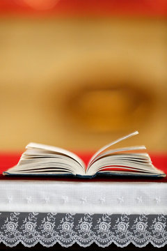 Open Bible on altar, Haute-Savoie, France