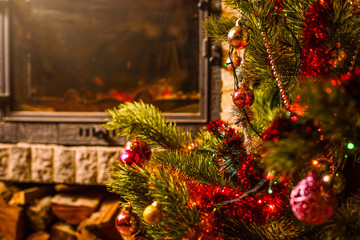 Christmas tree and fireplace background.