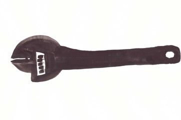 Drawing with watercolors: Black adjustable spanner.