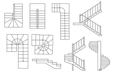 Drawing stairs, stairway. . Top view and sectional view. Architectural set