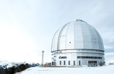 Biggest in Eurasia optical astronomical telescope with 6m mirror in winter. Zelenchukskaya,...