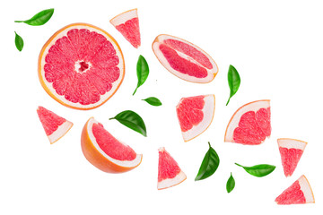 Grapefruit and slices with leaves isolated on white background. Top view. Flat lay pattern