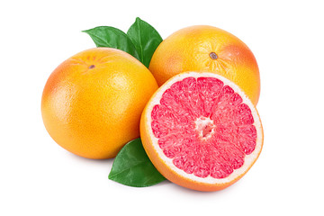 grapefruit and half with leaves isolated on white background