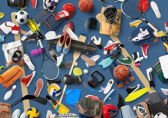 Fototapeta Sports equipment and clothing are scattered in the gym obraz