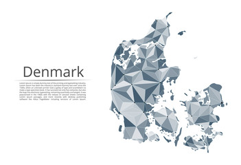 Map of Denmark connection. Vector low-poly image of a global map with lights in the form of cities or population density, consisting of points and shapes in the form of stars and space.