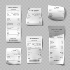 Shop receipt set of realistic isolated vector illustrations. Direct and curled paper payment bills with barcode, goods and their price, tax, Vat and total amount