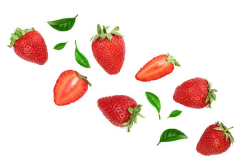 Strawberries decorated with green leaves isolated on white background with copy space for your text. Top view. Flat lay pattern