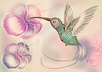 hummingbird in flight and the flower, digital drawing