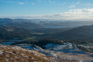 Fototapeta na wymiar Winter view of Langdale in the English Lake District with snow covered fells in the sunshine