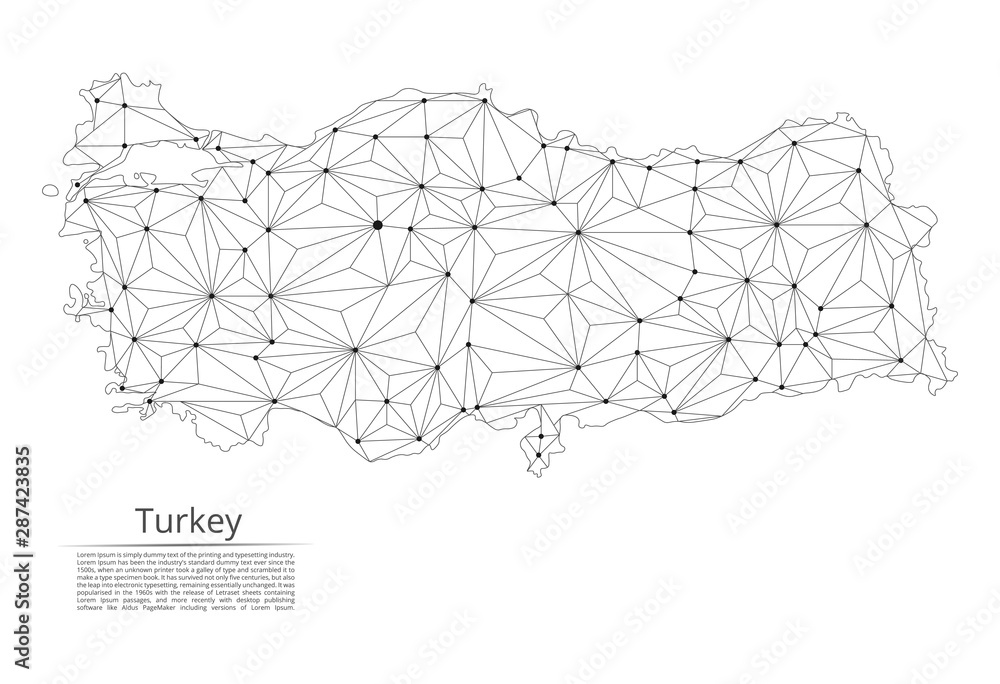Poster turkey communication network map. vector low poly image of a global map with lights in the form of c