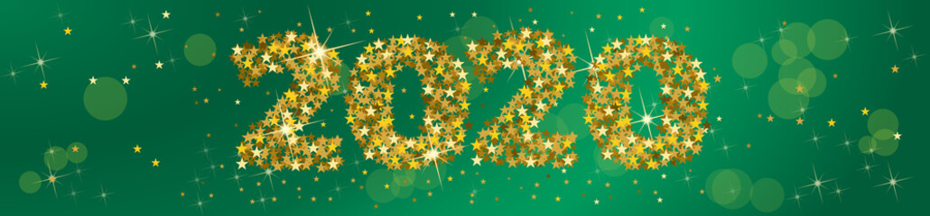 2020 Happy New Year header, golden stars with blurry light. Green background