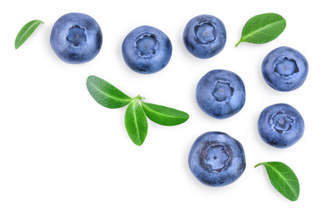 fresh ripe blueberry with leaf isolated on white background with copy space for your text. Top view. Flat lay pattern