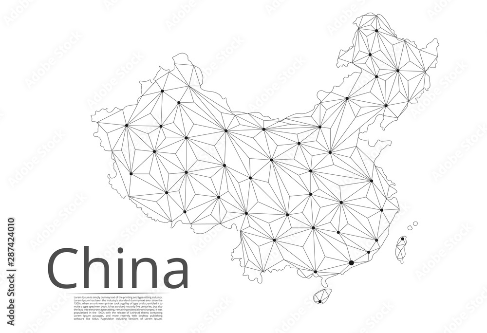 Poster china communication network map. vector low poly image of a global map with lights in the form of ci