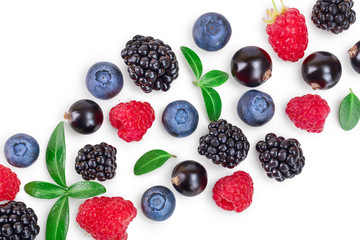 mix of blackberry blueberry raspberry isolated on white background. Top view. Flat lay pattern
