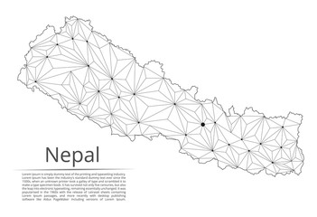 Nepal communication network map. Vector low poly image of a global map with lights in the form of cities in or population density consisting of points and shapes in the form of stars and space.