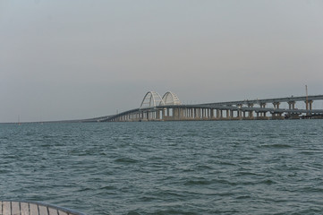 Fototapeta premium Bridge from mainland russia to the crimean peninsula, the bridge can be used by car and train and can be passed at the chain bridge part