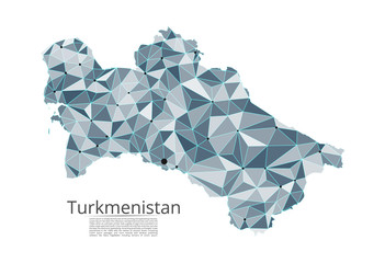 Turkmenistan communication network map. Vector low poly image of a global map with lights in the form of cities in or population density consisting of points and shapes and space. Easy to edit