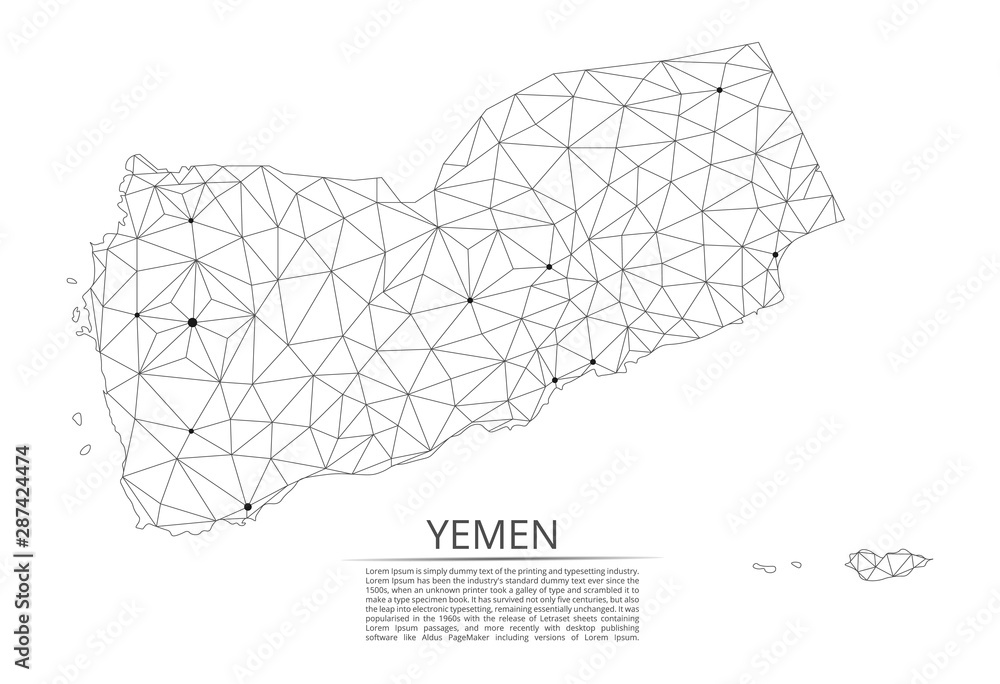 Poster yemen communication network map. vector low poly image of a global map with lights in the form of ci