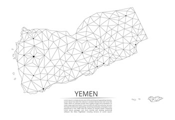 Yemen communication network map. Vector low poly image of a global map with lights in the form of cities in or population density consisting of points and shapes and space. Easy to edit