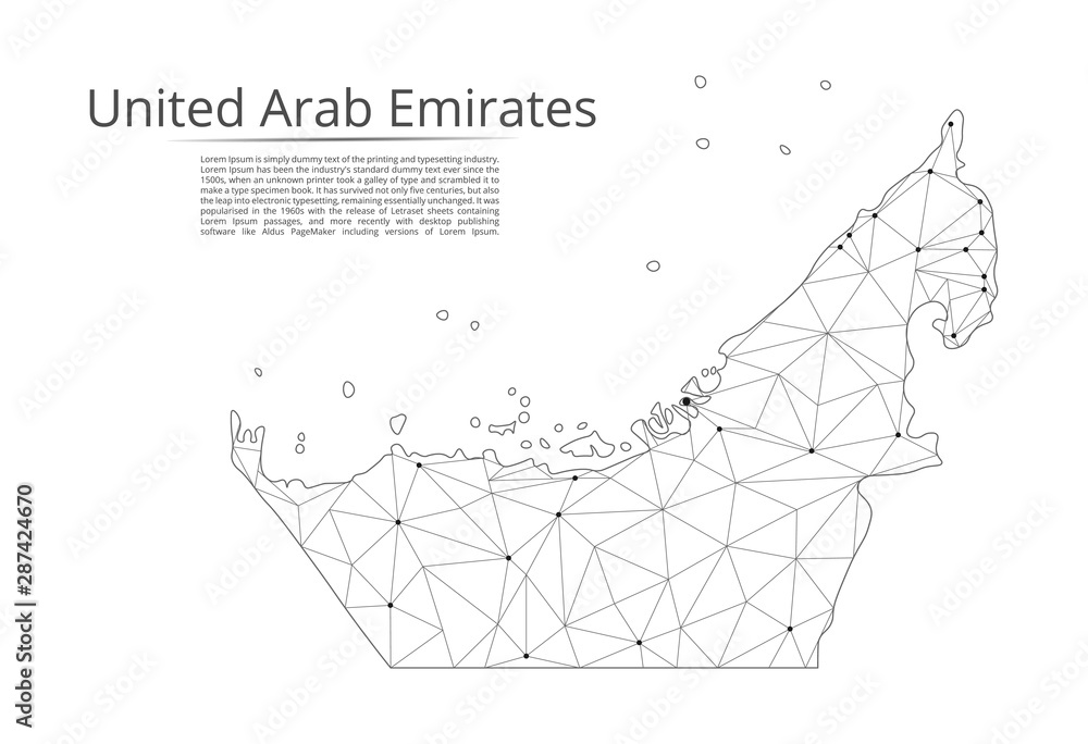 Poster united arab emirates communication network map. vector low poly image of a global map with lights in