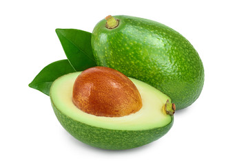 avocado and half with leaves isolated on white background close-up