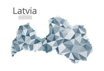 Latvia communication network map. Vector low poly image of a global map with lights in the form of cities in or population density consisting of points and shapes and space. Easy to edit