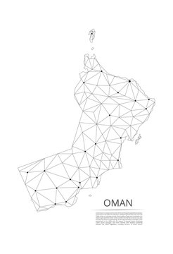 Oman communication network map. Vector low poly image of a global map with lights in the form of cities in or population density consisting of points and shapes and space. Easy to edit