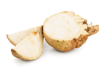 Fresh celery root half and slice isolated on white background