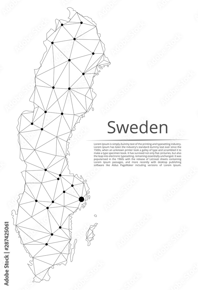 Poster sweden communication network map. vector low poly image of a global map with lights in the form of c