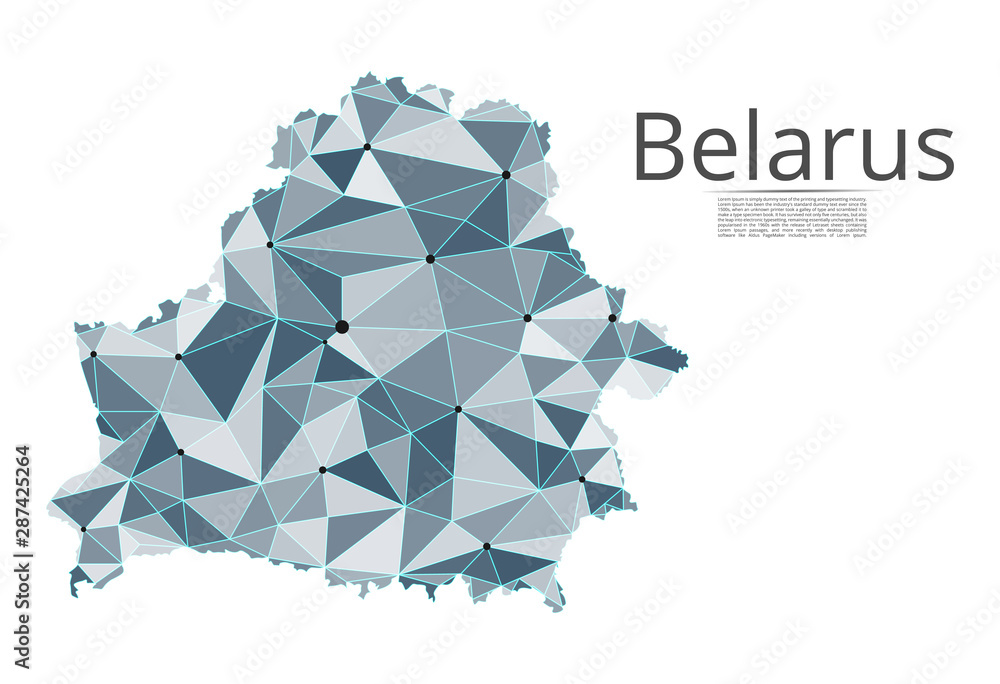Poster belarus communication network map. vector low poly image of a global map with lights in the form of 