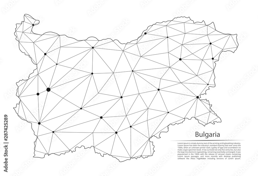 Poster bulgaria communication network map. vector low poly image of a global map with lights in the form of