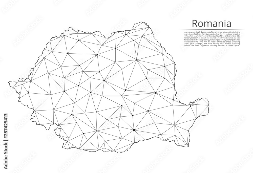 Poster romania communication network map. vector low poly image of a global map with lights in the form of 