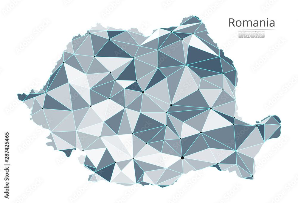 Aufkleber romania communication network map. vector low poly image of a global map with lights in the form of 